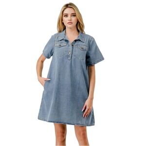 Pixi + Ivy Light Wash Denim Shift Dress Large Short Sleeve Pockets MBD9738‎